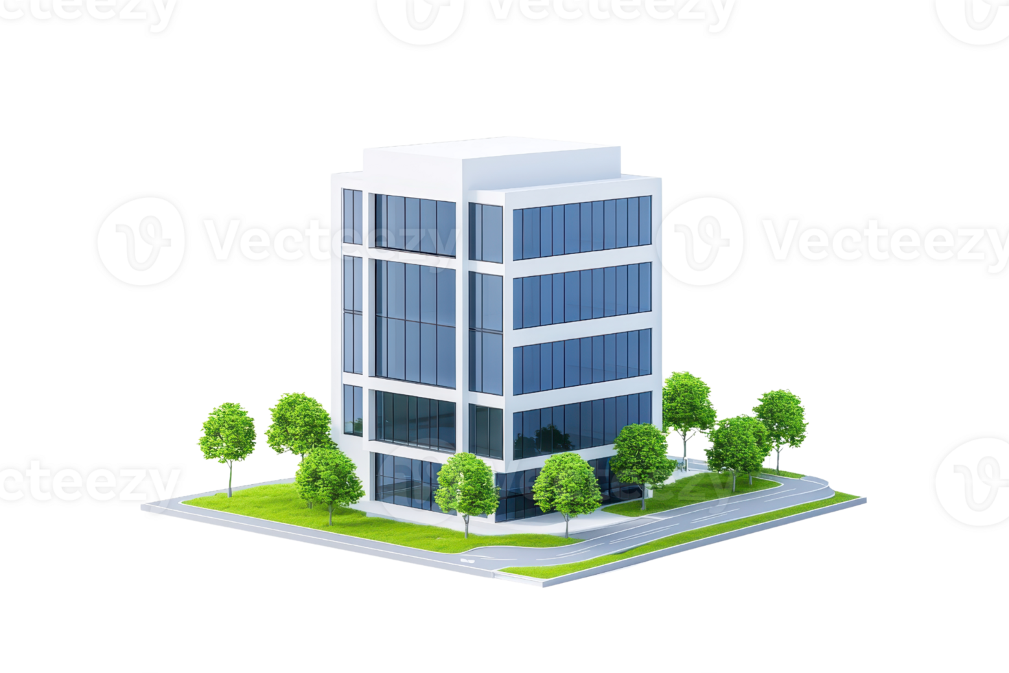A modern multi-story office building surrounded by green trees and a landscaped area. png