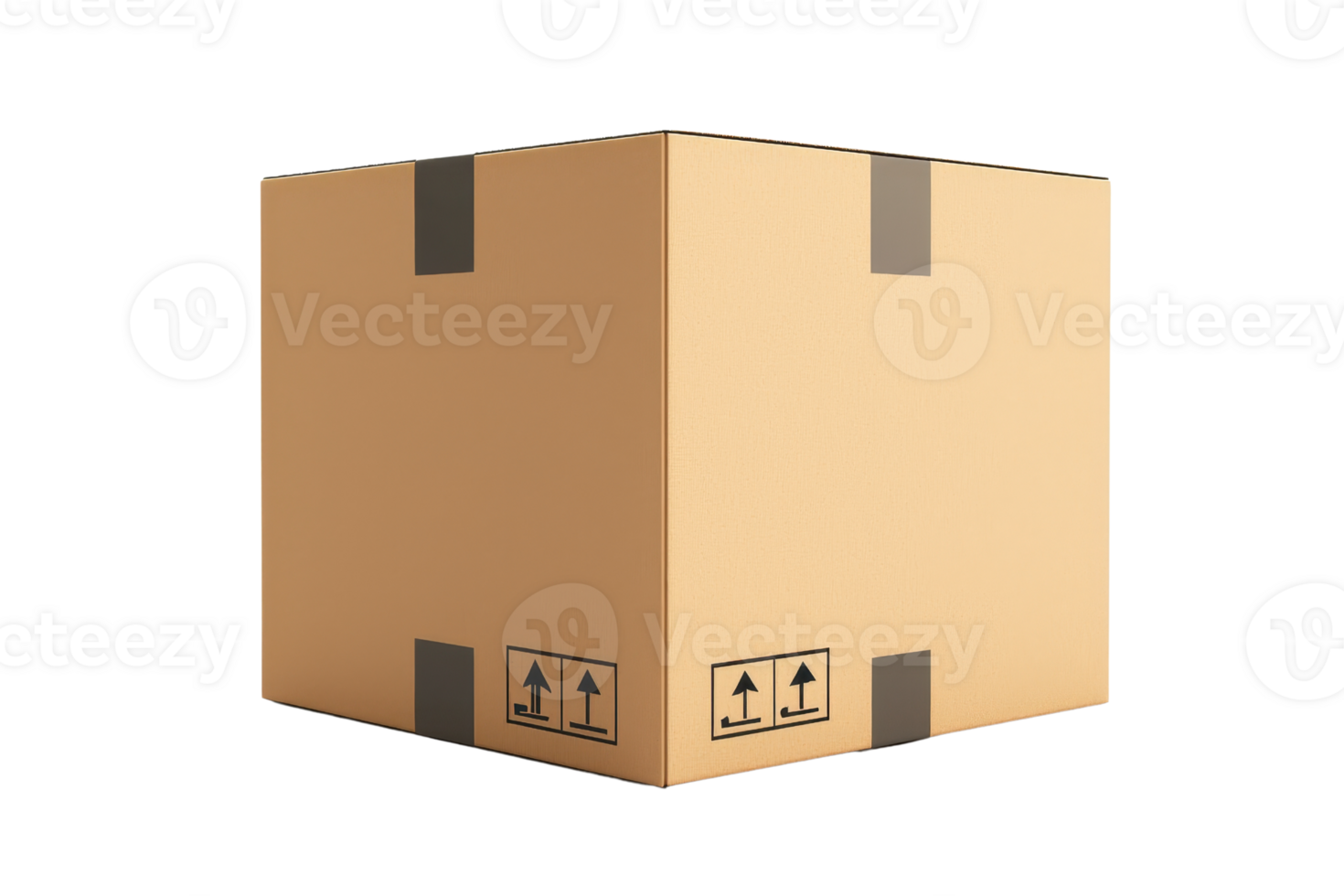 A plain cardboard box with visible tape seals and handling symbols, showcasing its sturdy design and packaging features. png