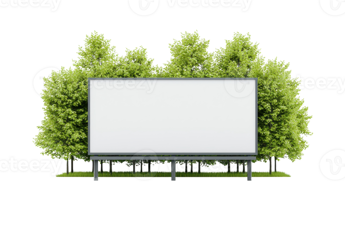 A large, blank billboard is framed by lush green trees, creating an inviting display space for advertisements or messages. png