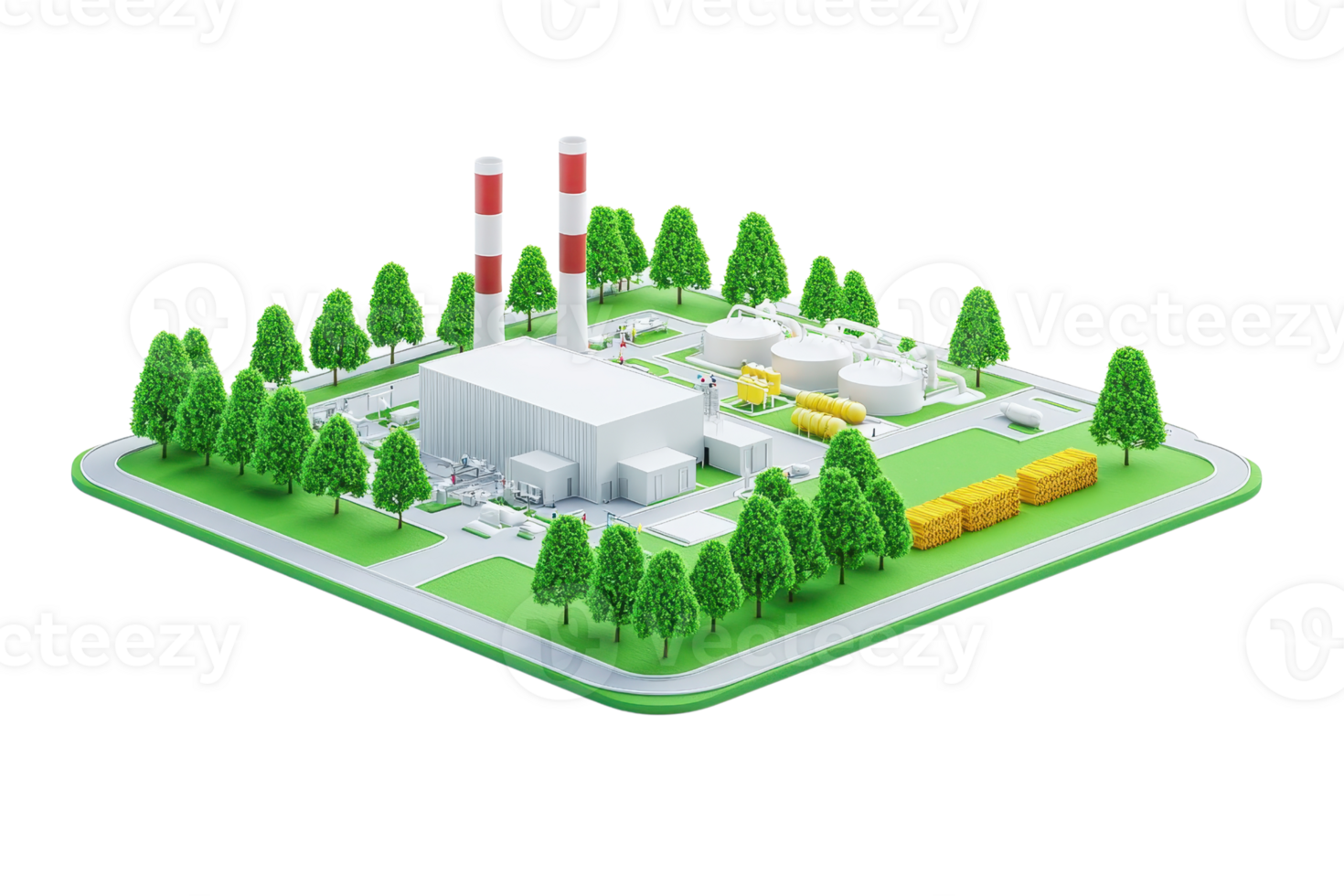 A miniature model of an industrial facility featuring smokestacks, storage tanks, and surrounding greenery. png