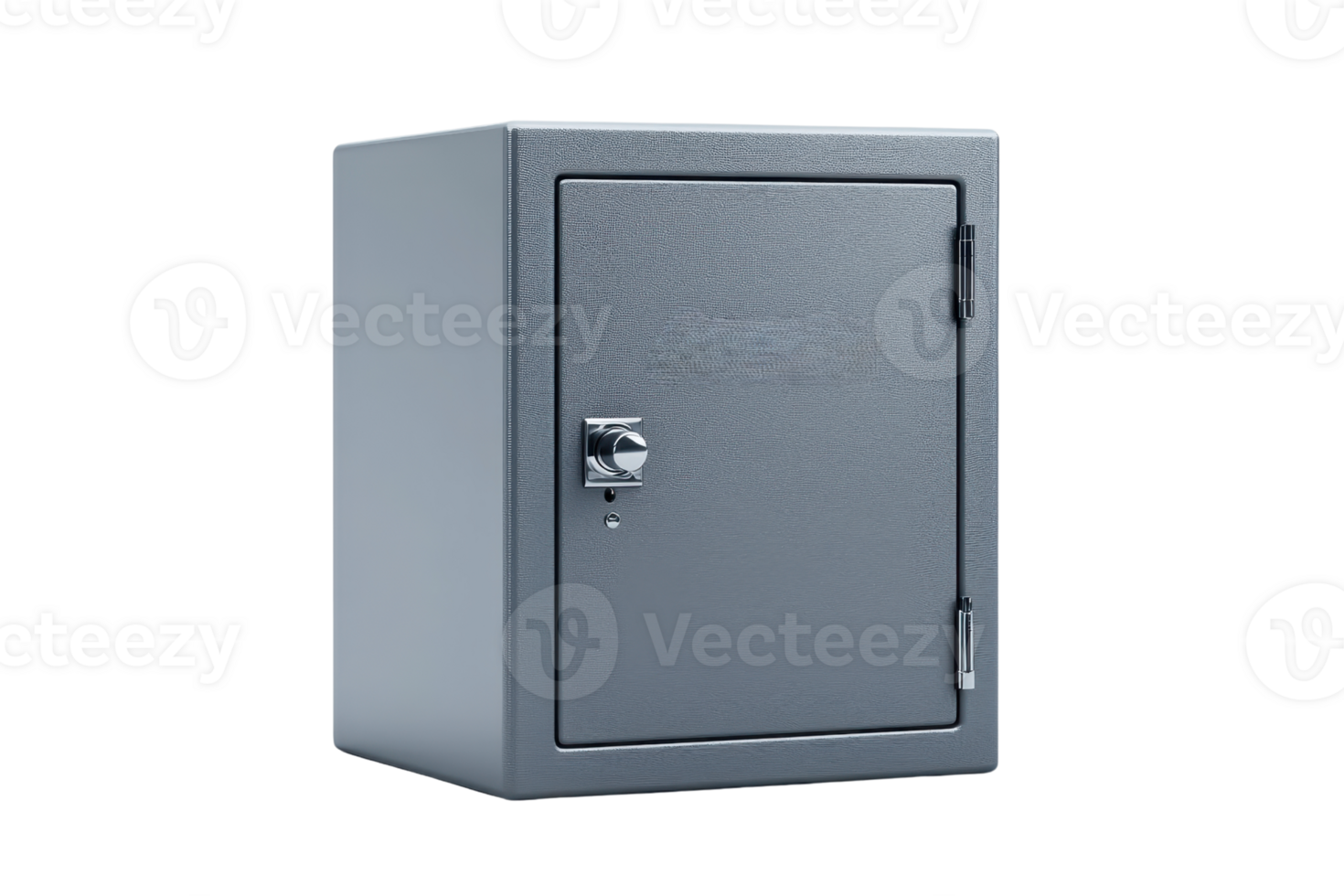 A sturdy, gray safe designed for secure storage, featuring a locking mechanism and a solid door. png