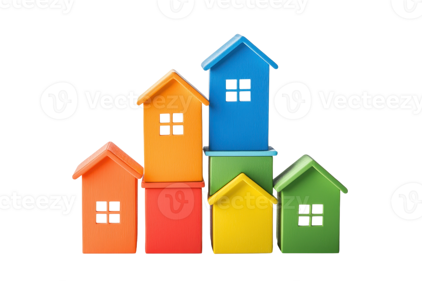 Colorful miniature houses arranged in a stack, featuring small windows and distinct shapes. png