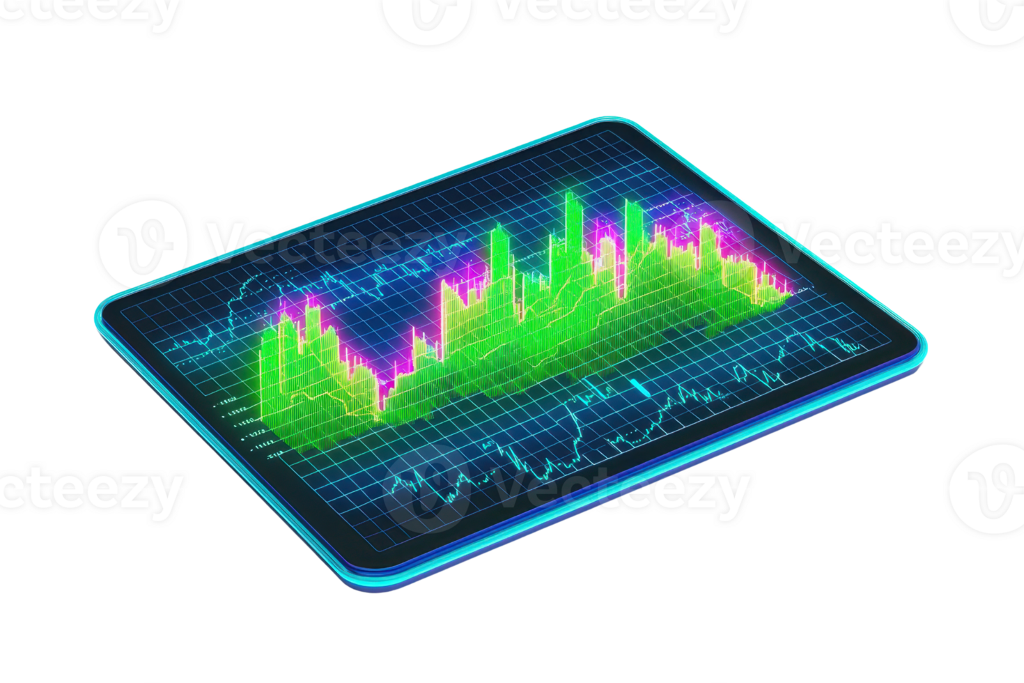 A vibrant digital graph displaying fluctuating data trends in green and pink colors on a grid layout. png