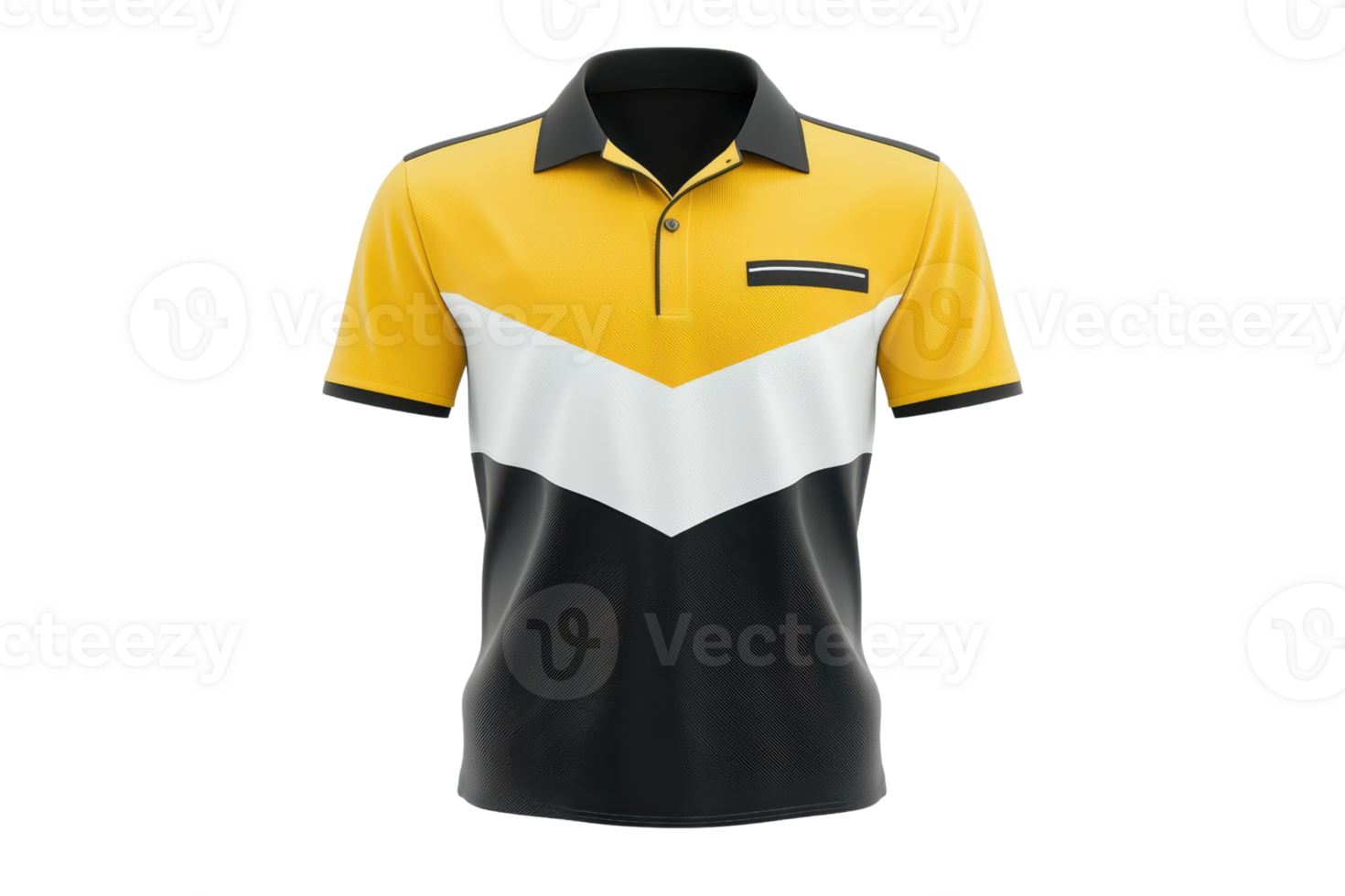 A stylish polo shirt featuring a vibrant yellow, white, and black color block design with a classic collar and a front pocket. png