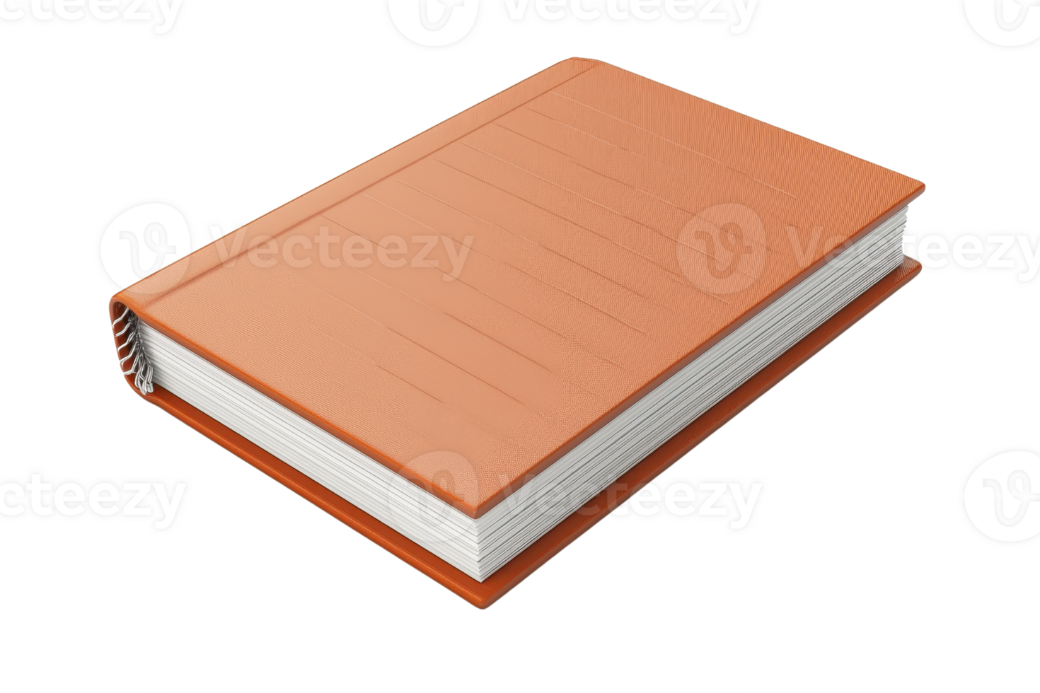 A closed orange book with a textured cover and white pages, positioned to highlight its spine and cover design. png