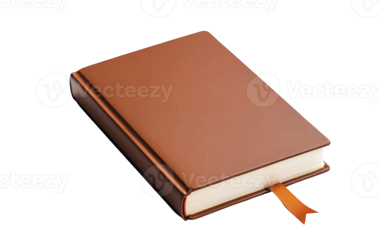 A brown leather-bound book with a ribbon bookmark, showcasing a smooth cover and pristine pages. png