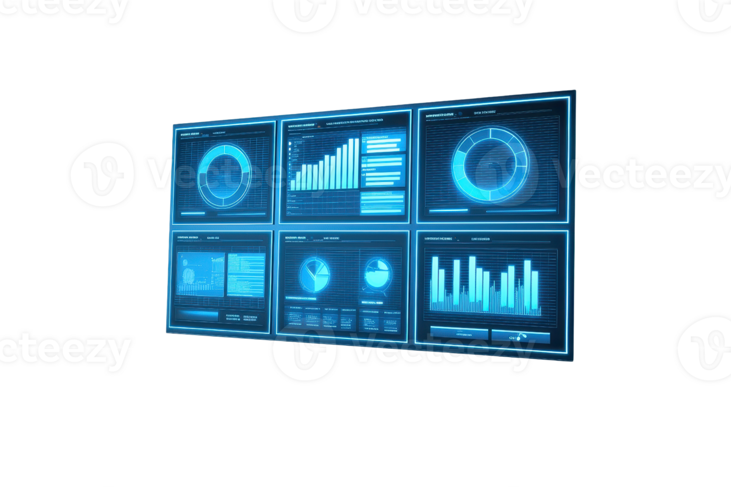 A collection of digital analytics dashboards displaying various graphs, charts, and data visualizations in a futuristic design. png