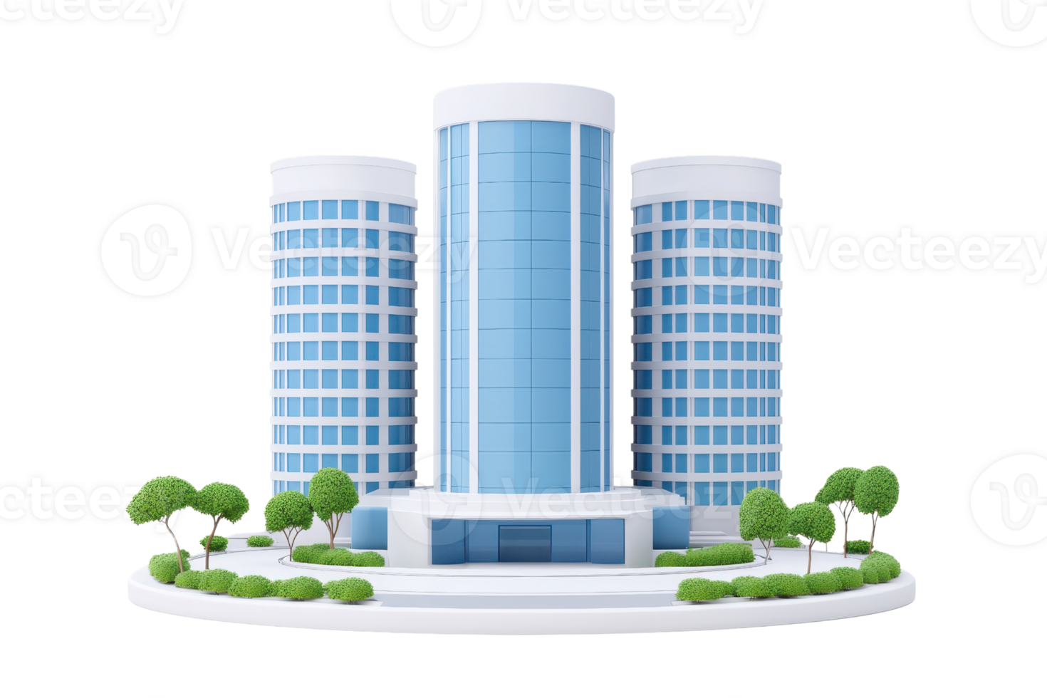 A modern architectural model featuring three cylindrical buildings with blue glass facades and green landscaping. png