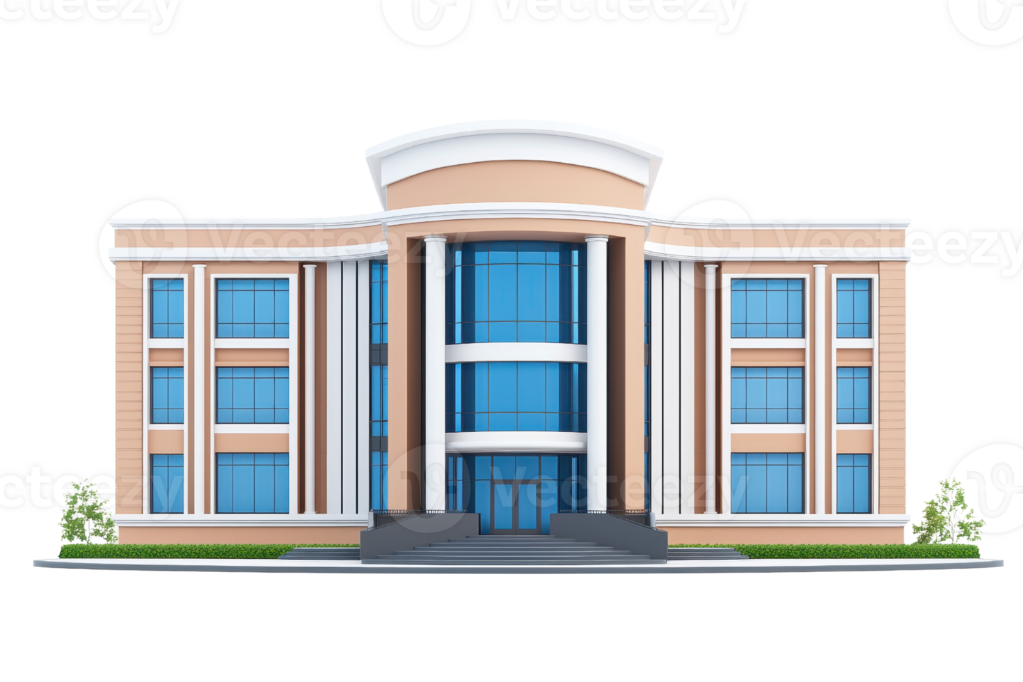A modern building with a grand entrance, featuring large windows and decorative columns in a warm color palette. png