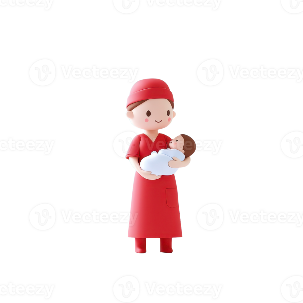 A cheerful figure in red holding an infant, symbolizing care and nurturing in a playful, stylized design. png