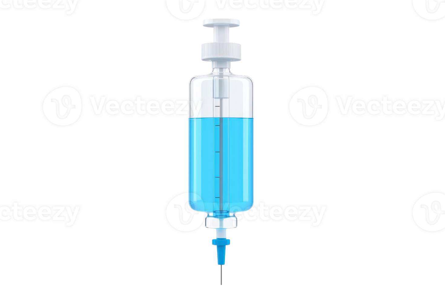 A syringe filled with blue liquid, featuring a plunger and a tapered needle, designed for medical or laboratory use. png