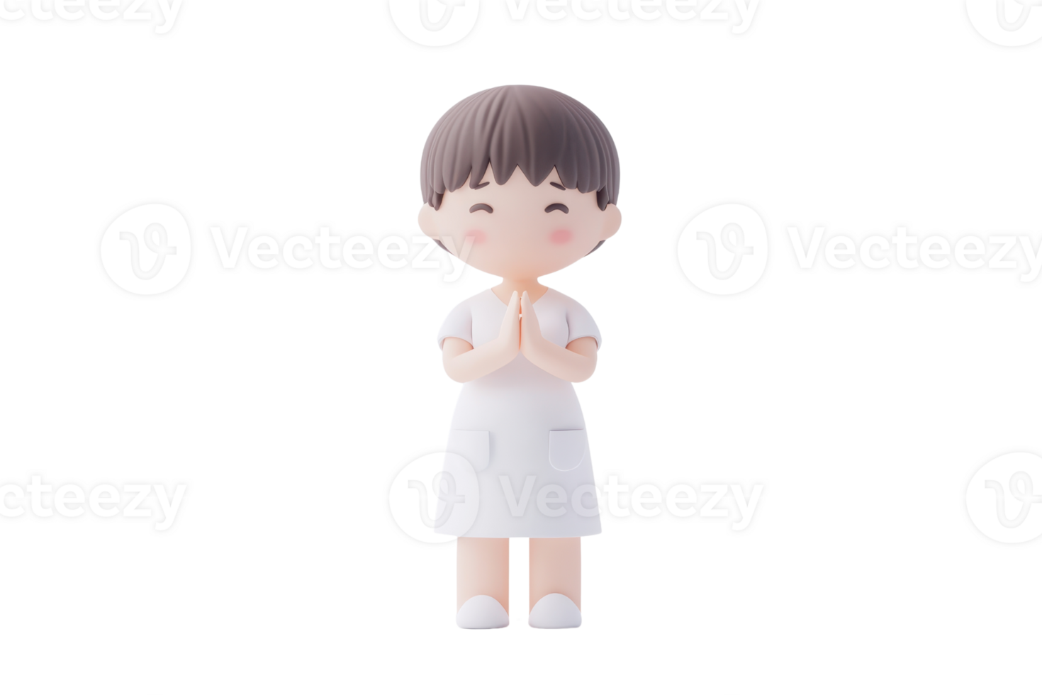 A cute figurine of a smiling child dressed in white, with hands together in a gesture of greeting or prayer. png