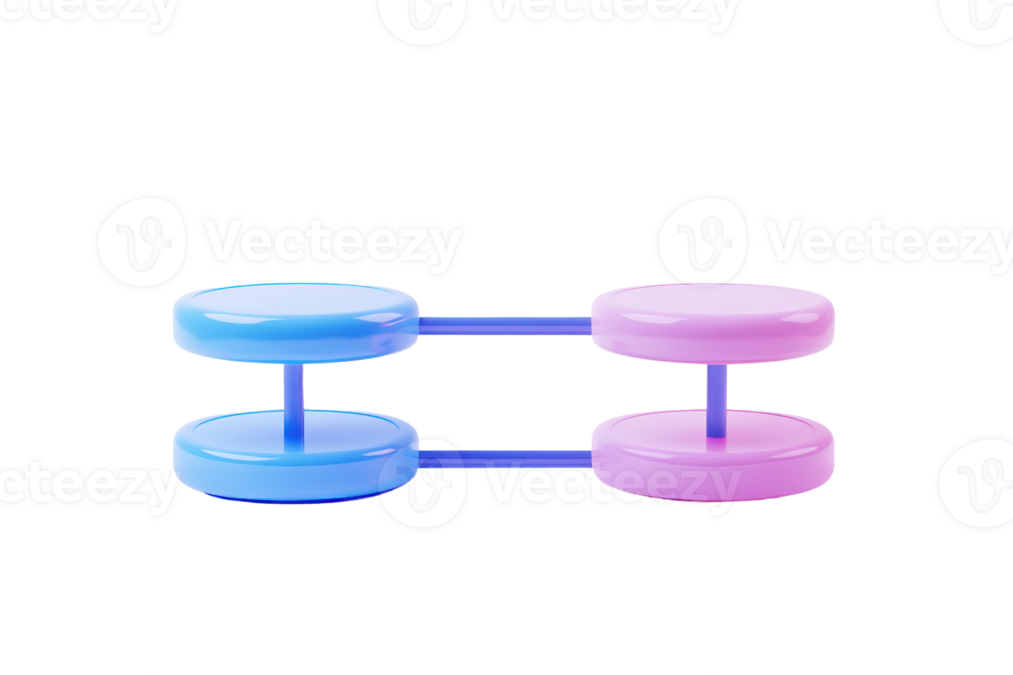 A set of colorful dumbbells connected by a bar, featuring blue and pink weights designed for fitness and strength training. png