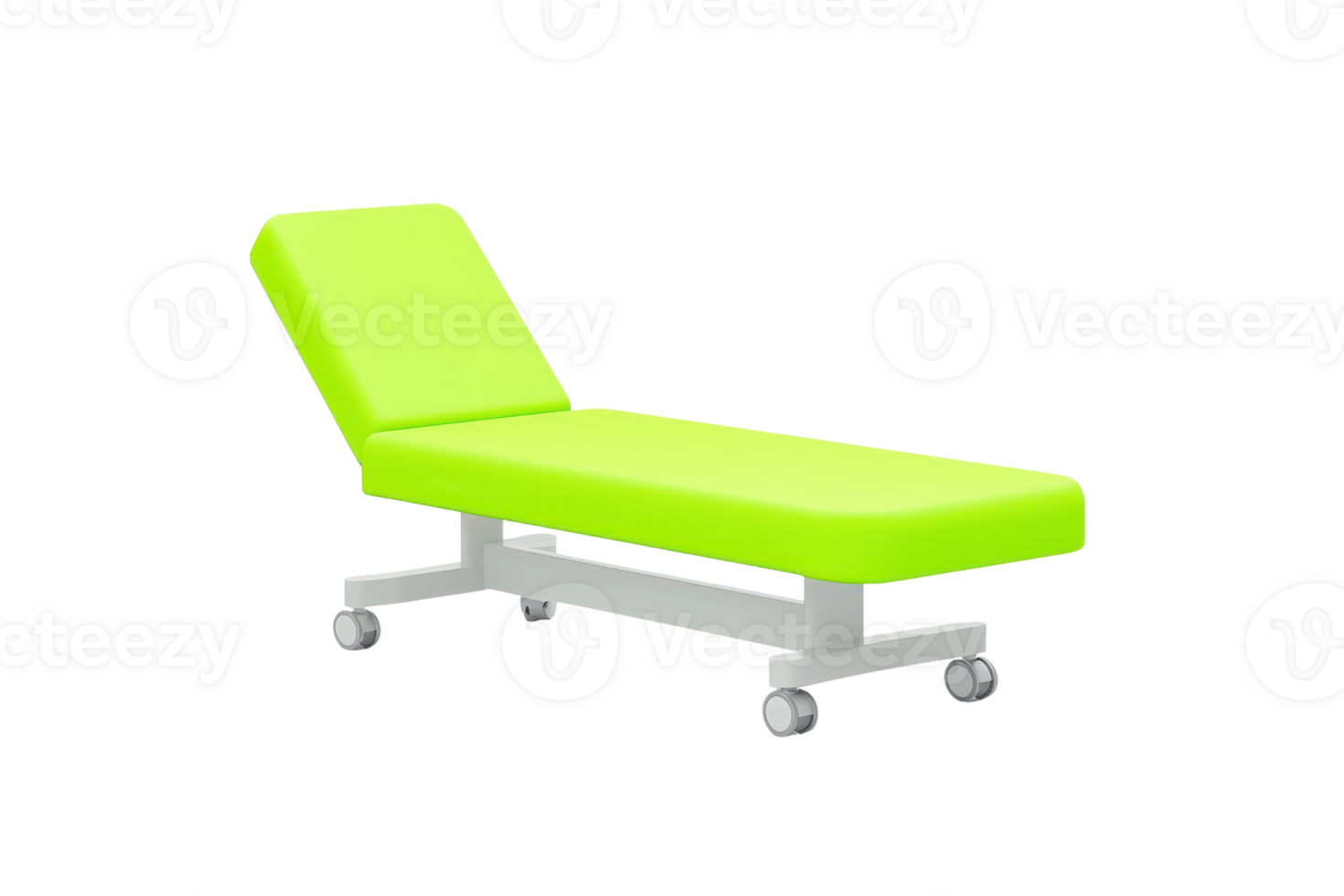 A vibrant lime green medical examination table with adjustable backrest and wheels for mobility. png