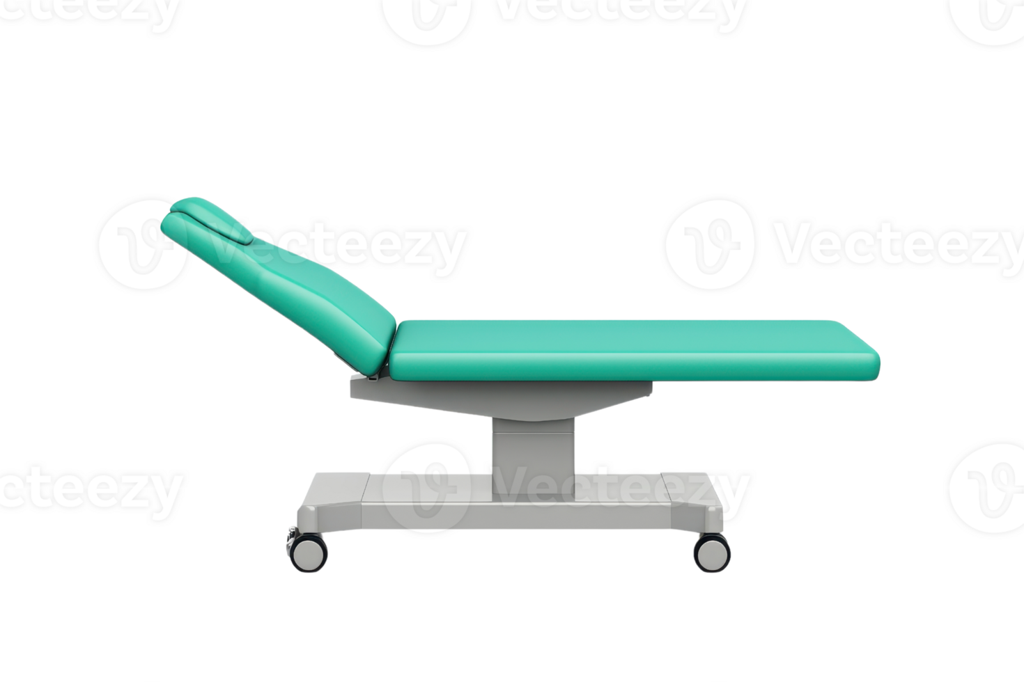 A medical examination table with a reclining backrest, featuring a teal surface and a sturdy wheeled base. png