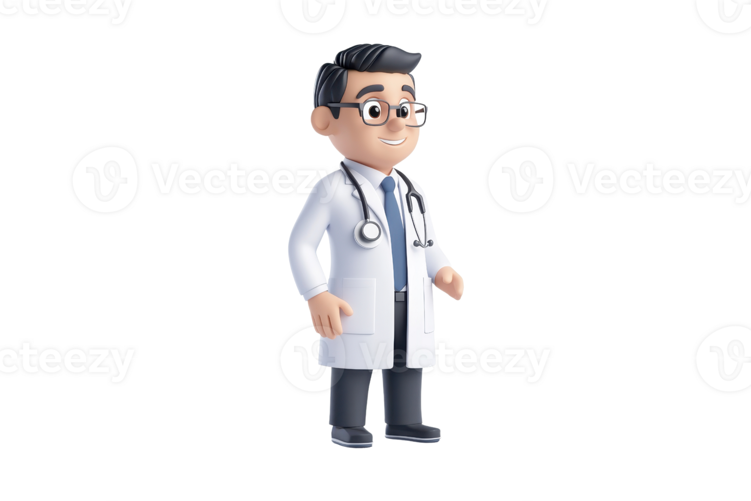 A cartoon-style doctor figurine wearing a white lab coat and stethoscope, with glasses and a friendly expression. png