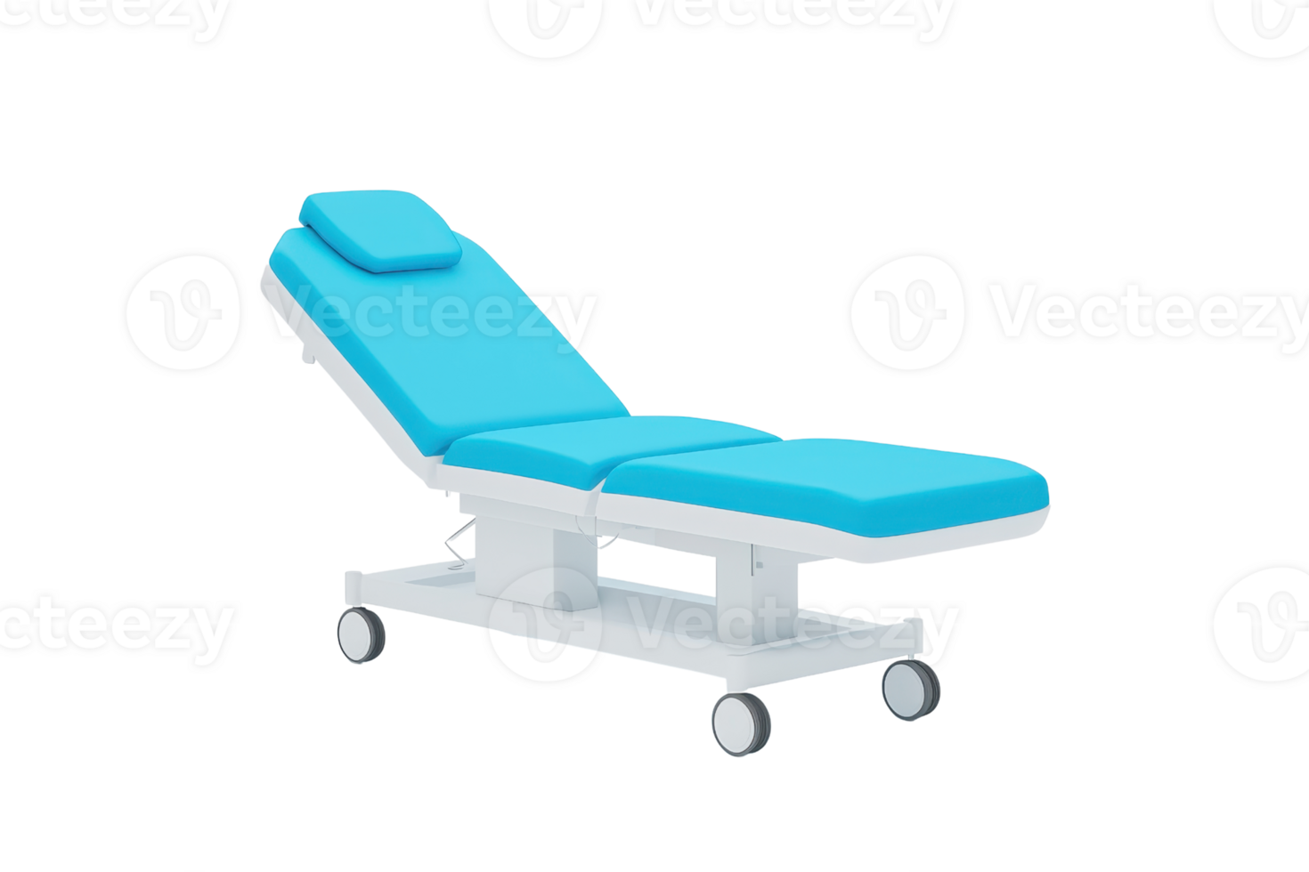 A modern medical examination table with a blue cushion, adjustable for patient comfort, featuring wheels for mobility. png