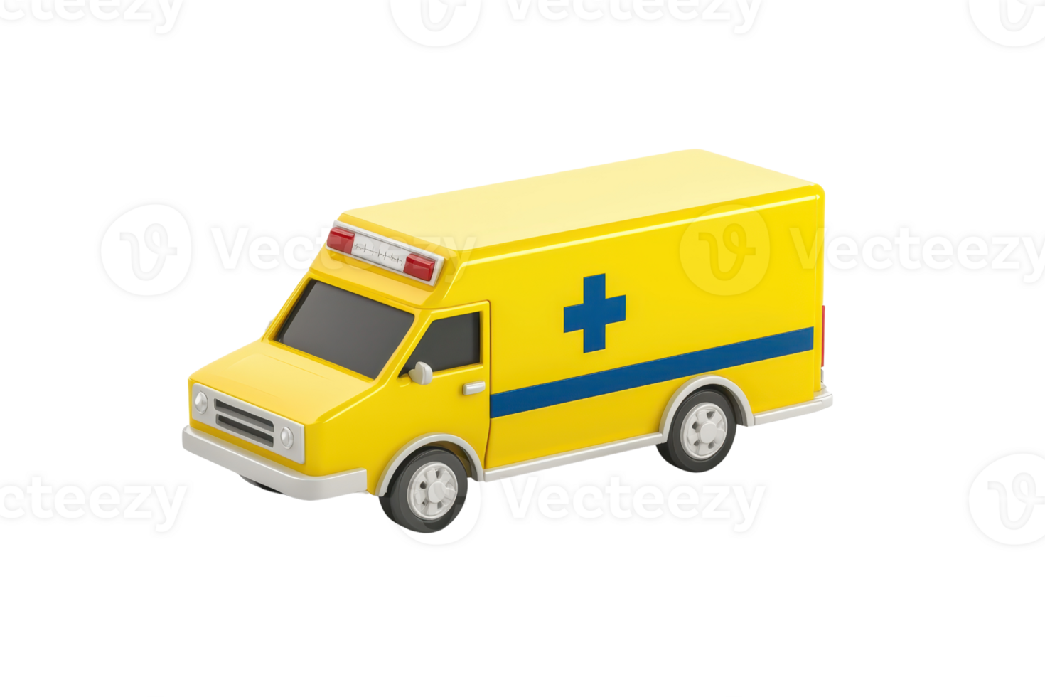 A bright yellow toy ambulance with a blue cross emblem and windows, designed for children's play and emergency-themed activities. png
