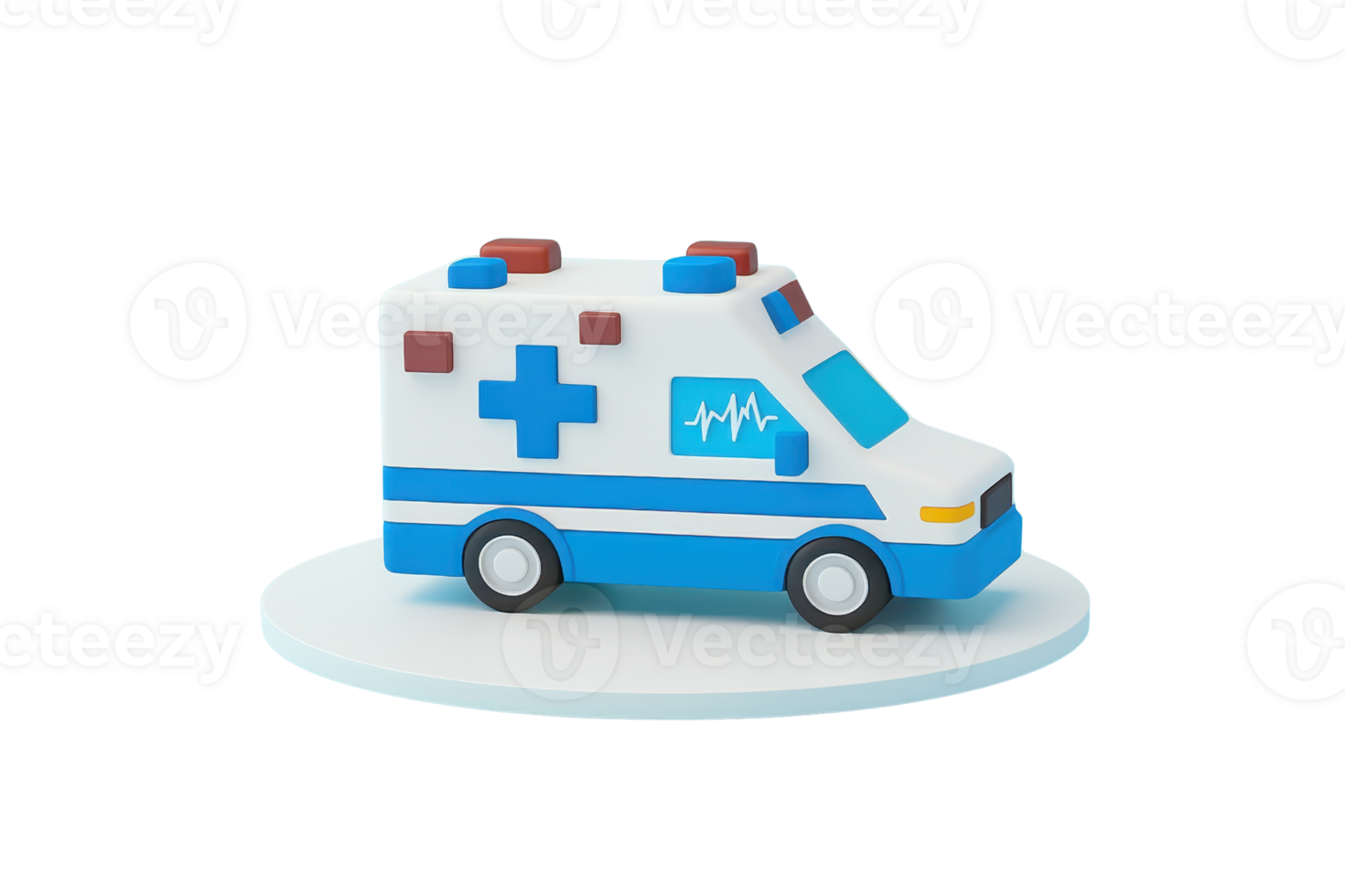 A toy ambulance with a blue and white color scheme, featuring a cross symbol and designed with rounded shapes. png