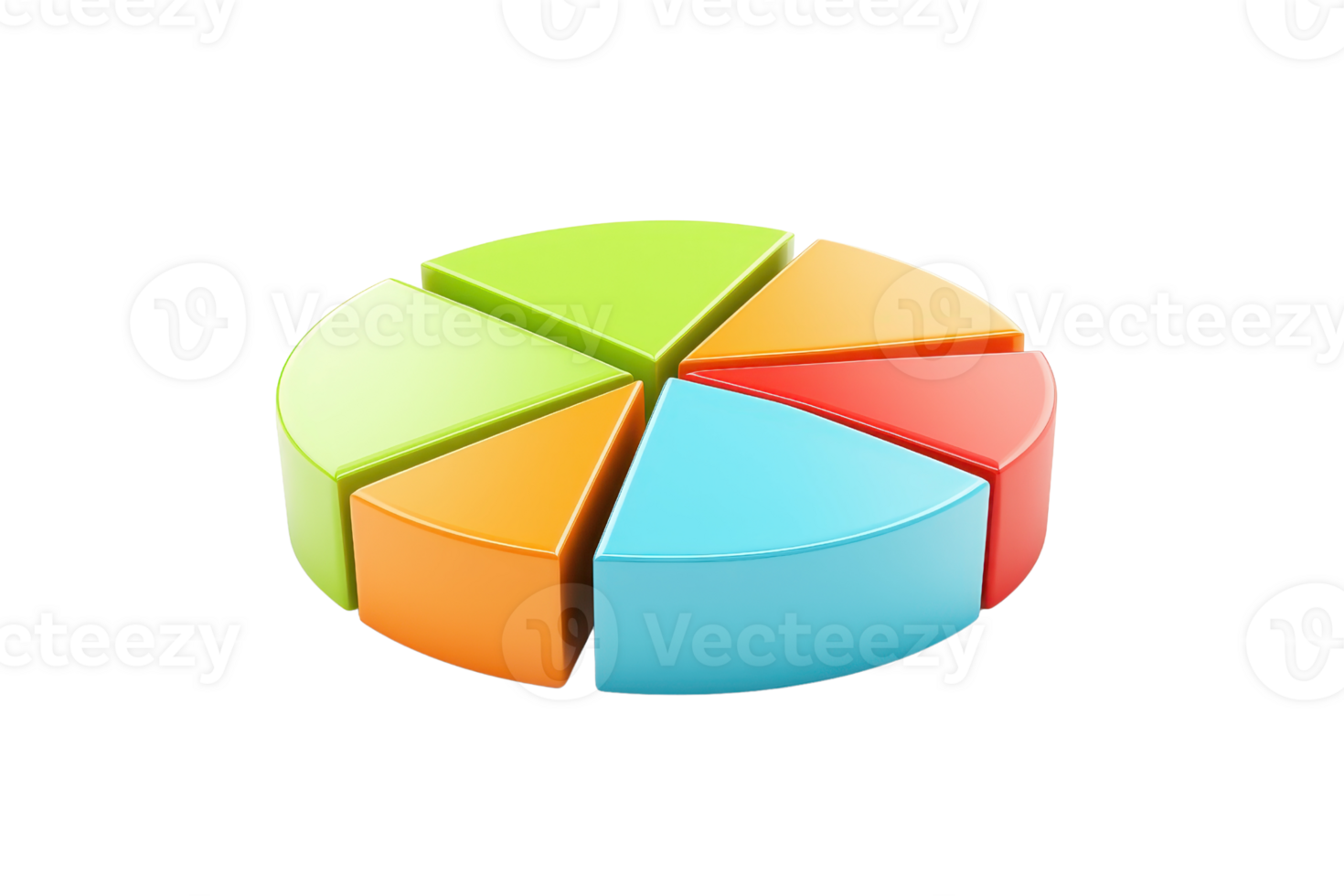 A colorful pie chart divided into six segments, showcasing a vibrant representation of data distribution. png