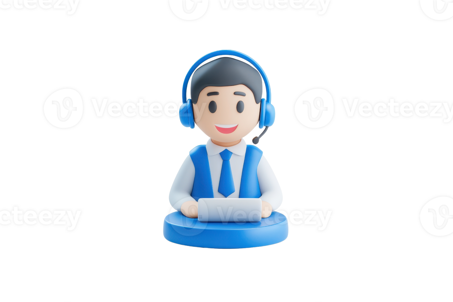 A cheerful figurine wearing a headset and a blue vest, sitting with a tablet in hand. png
