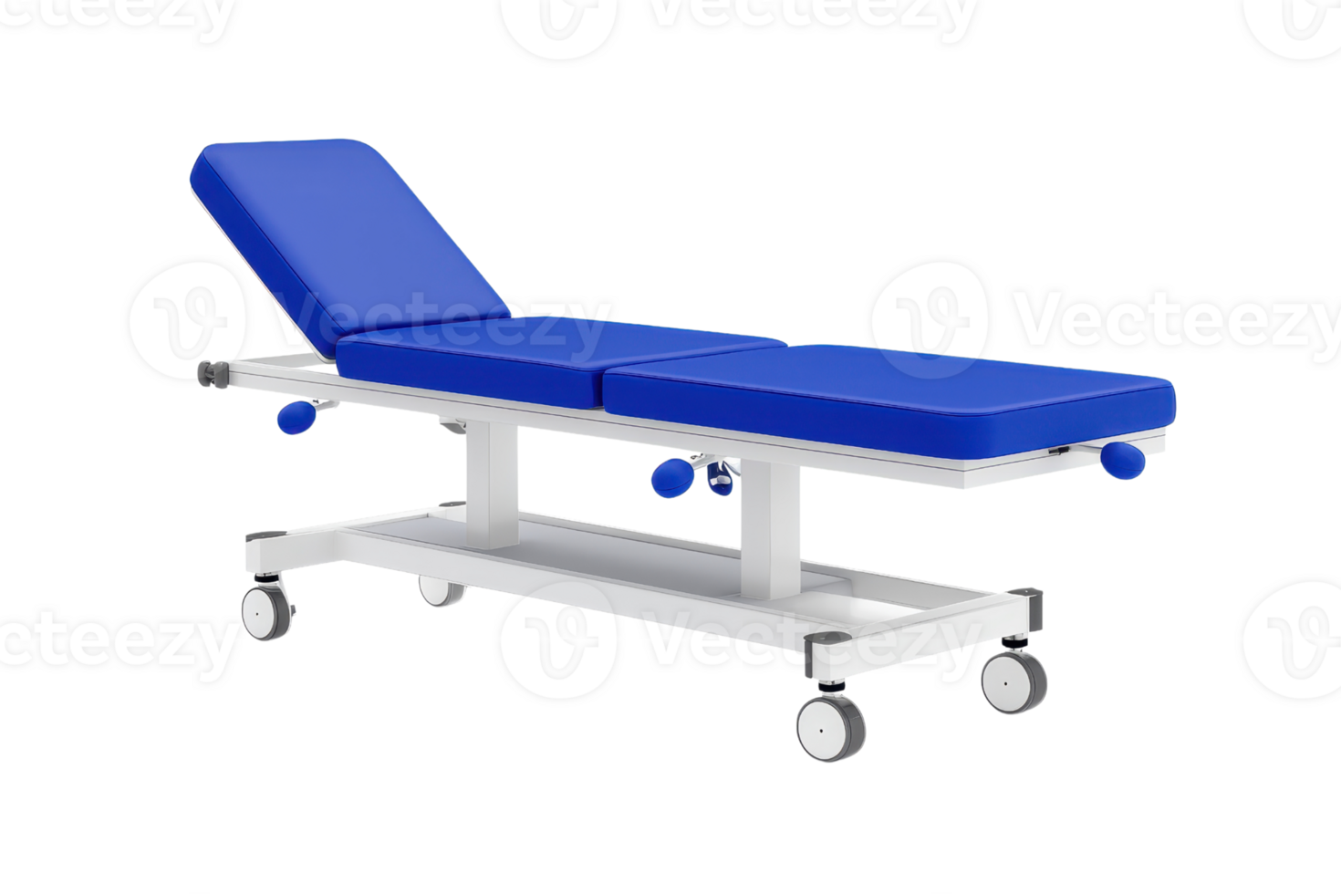 A blue medical examination table with adjustable backrest and rolling wheels for mobility. png