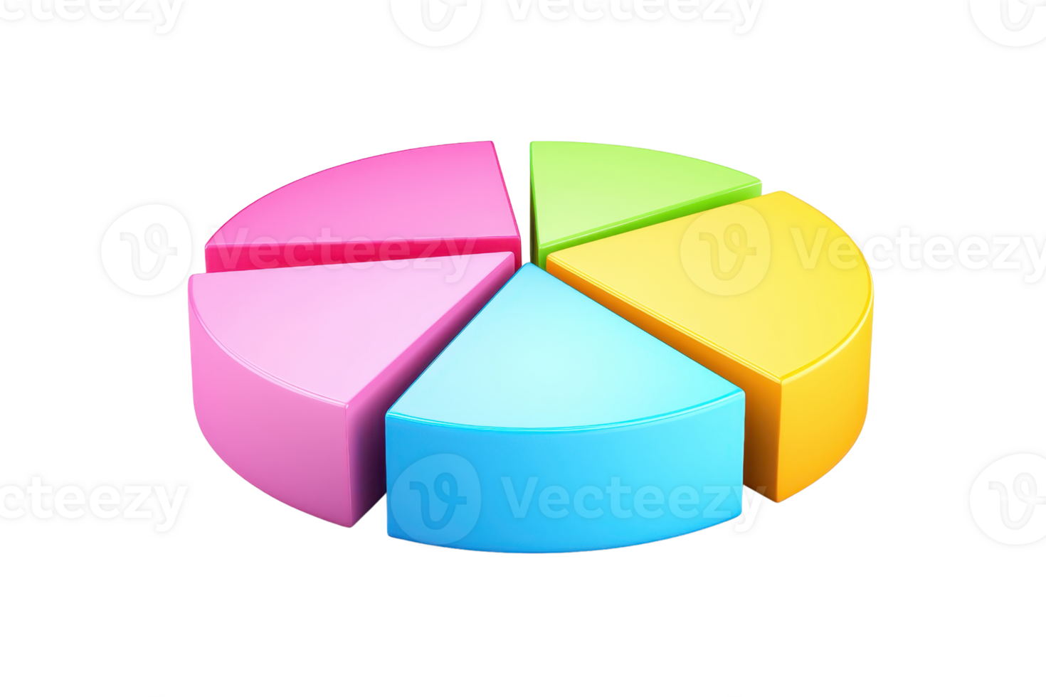 A colorful pie chart model featuring five segments in pink, yellow, green, blue, and purple, representing data distribution visually. png