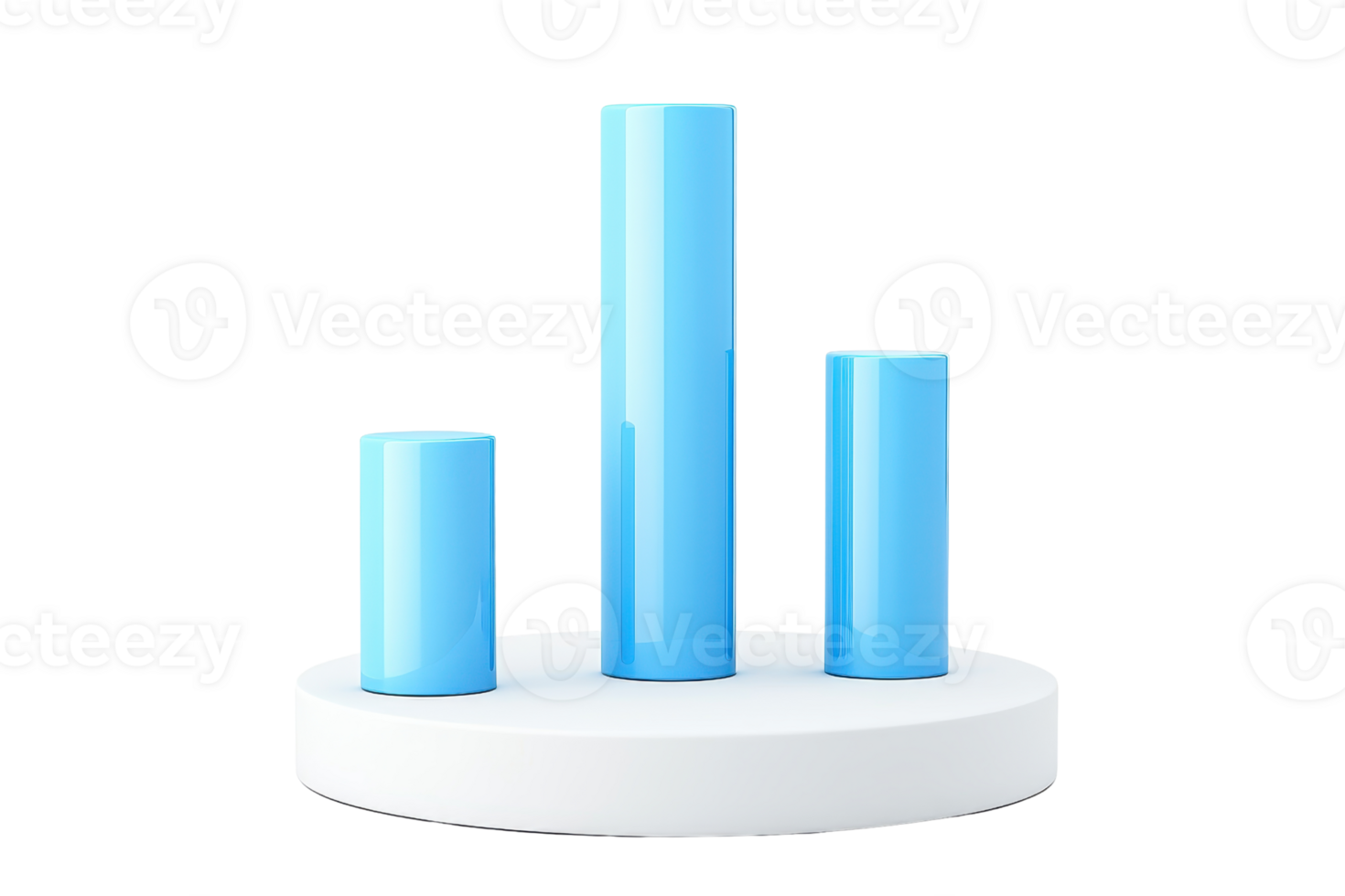Three blue cylindrical shapes of varying heights sit atop a circular white base, creating a modern and minimalist display. png