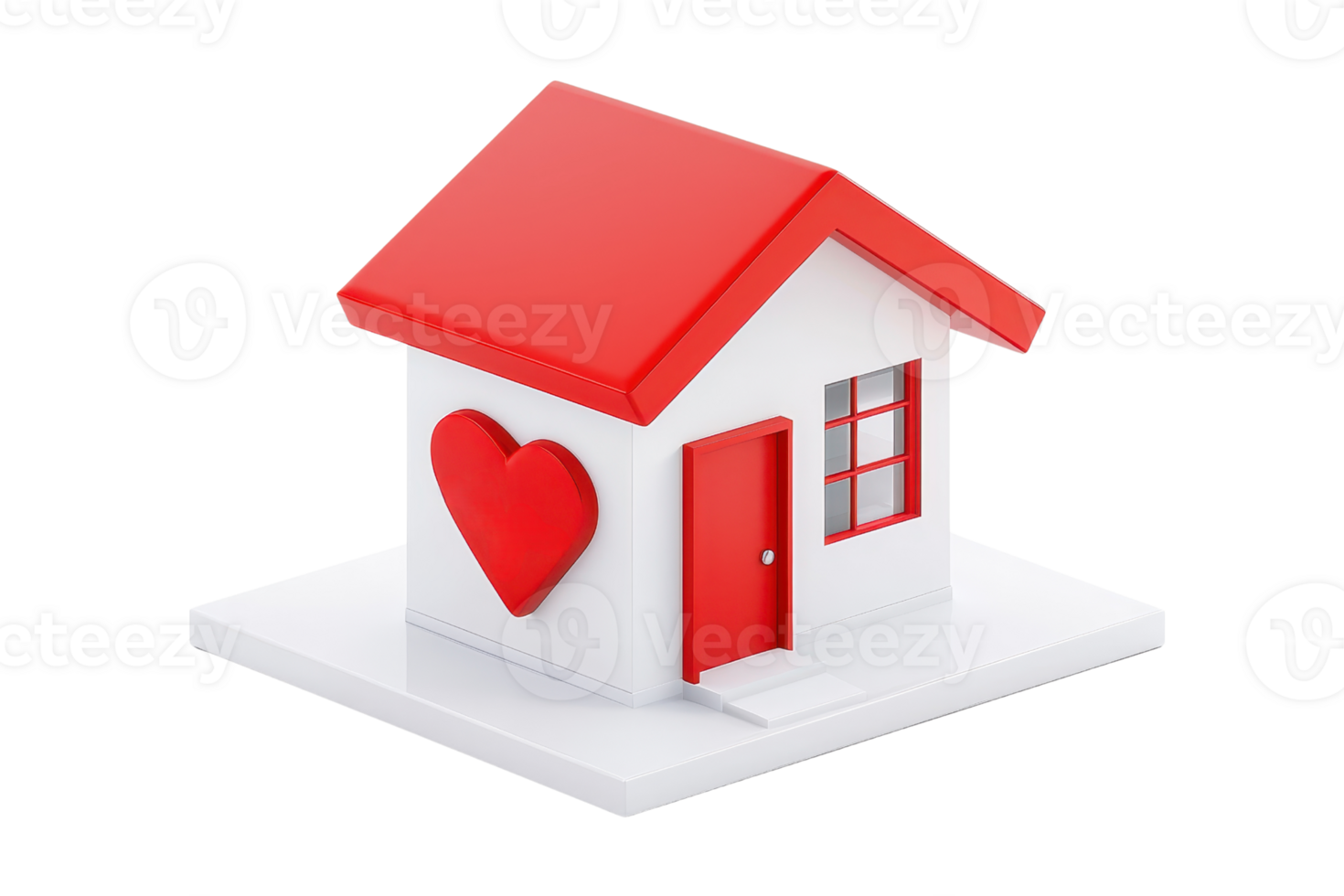 A stylized house model featuring a red roof and door, with a heart symbol prominently displayed on its side. png