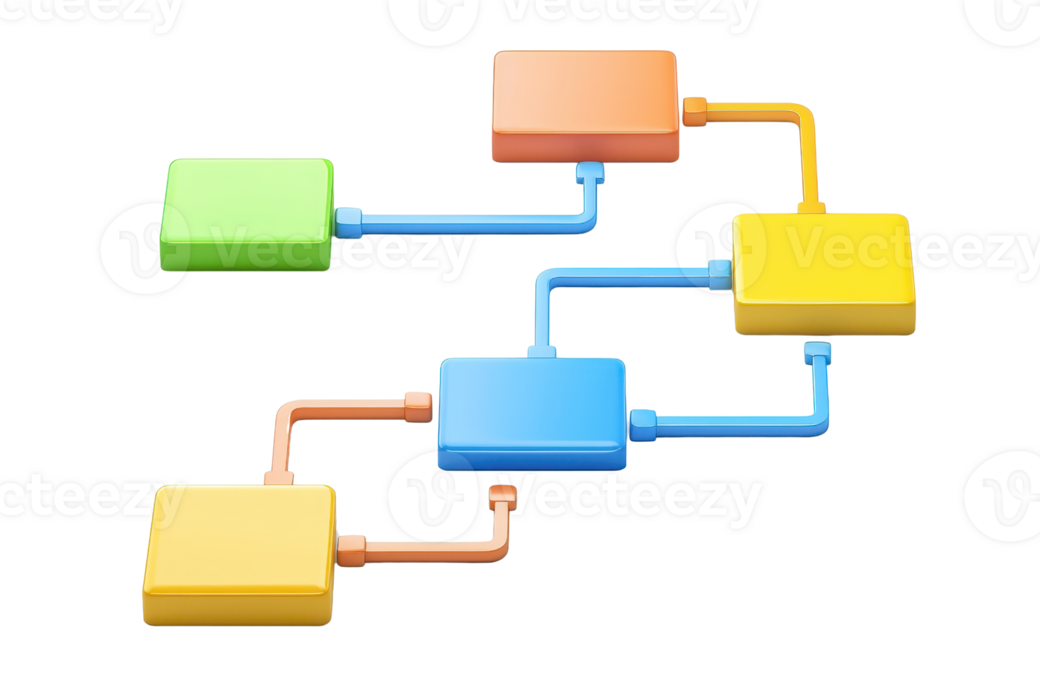 Colorful interconnected blocks with pipes, arranged in a diagrammatic structure, illustrating a flow or process. png
