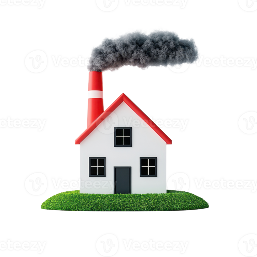 A small house with a red roof and chimney emitting dark smoke, set on a grassy area. png