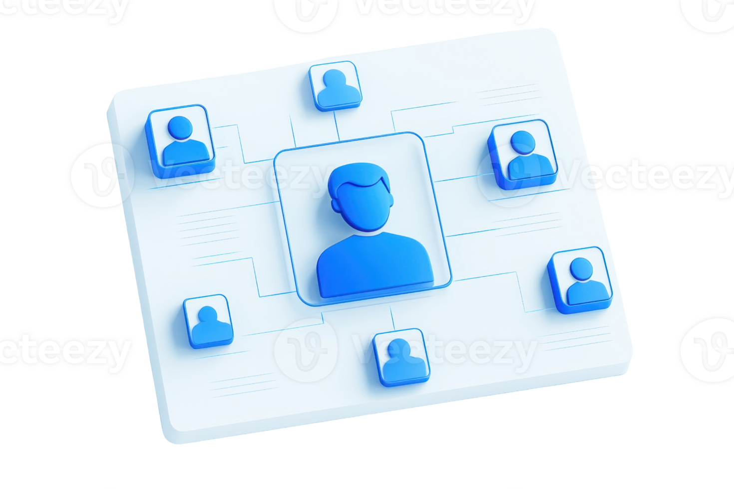 A blue and white diagram representing a central user connected to multiple networked profiles. png