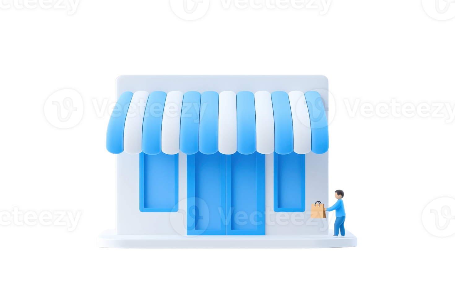 A small, modern shop with blue and white stripes, featuring a person carrying a shopping bag. png