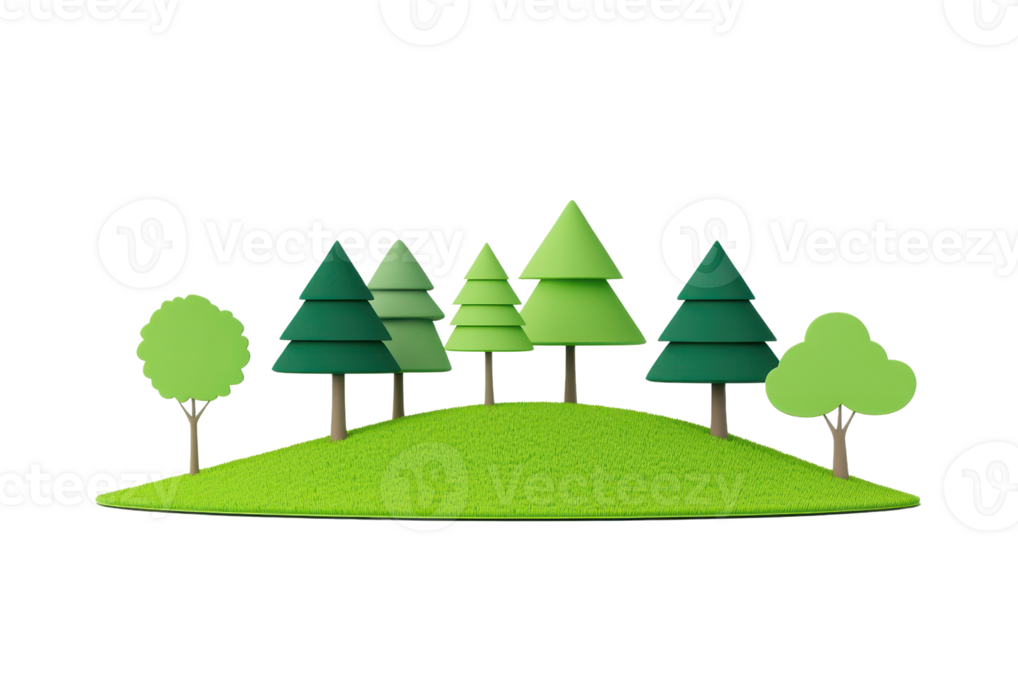 A vibrant collection of stylized trees on a grassy hill, showcasing various shades of green. png