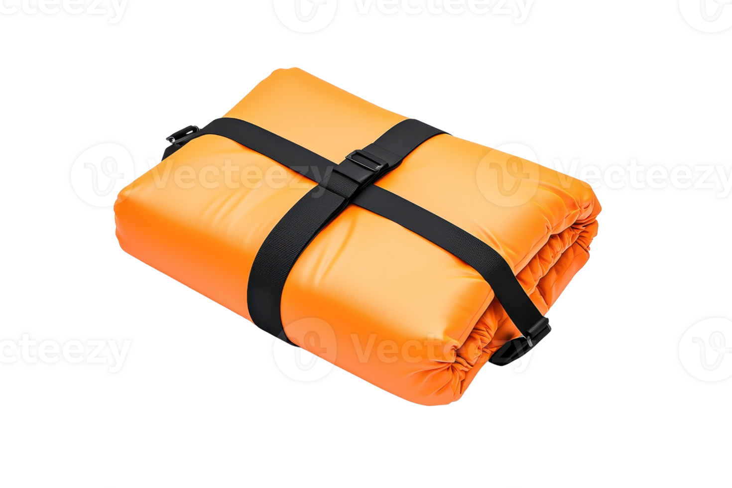 A compact orange cushion secured with black straps. png