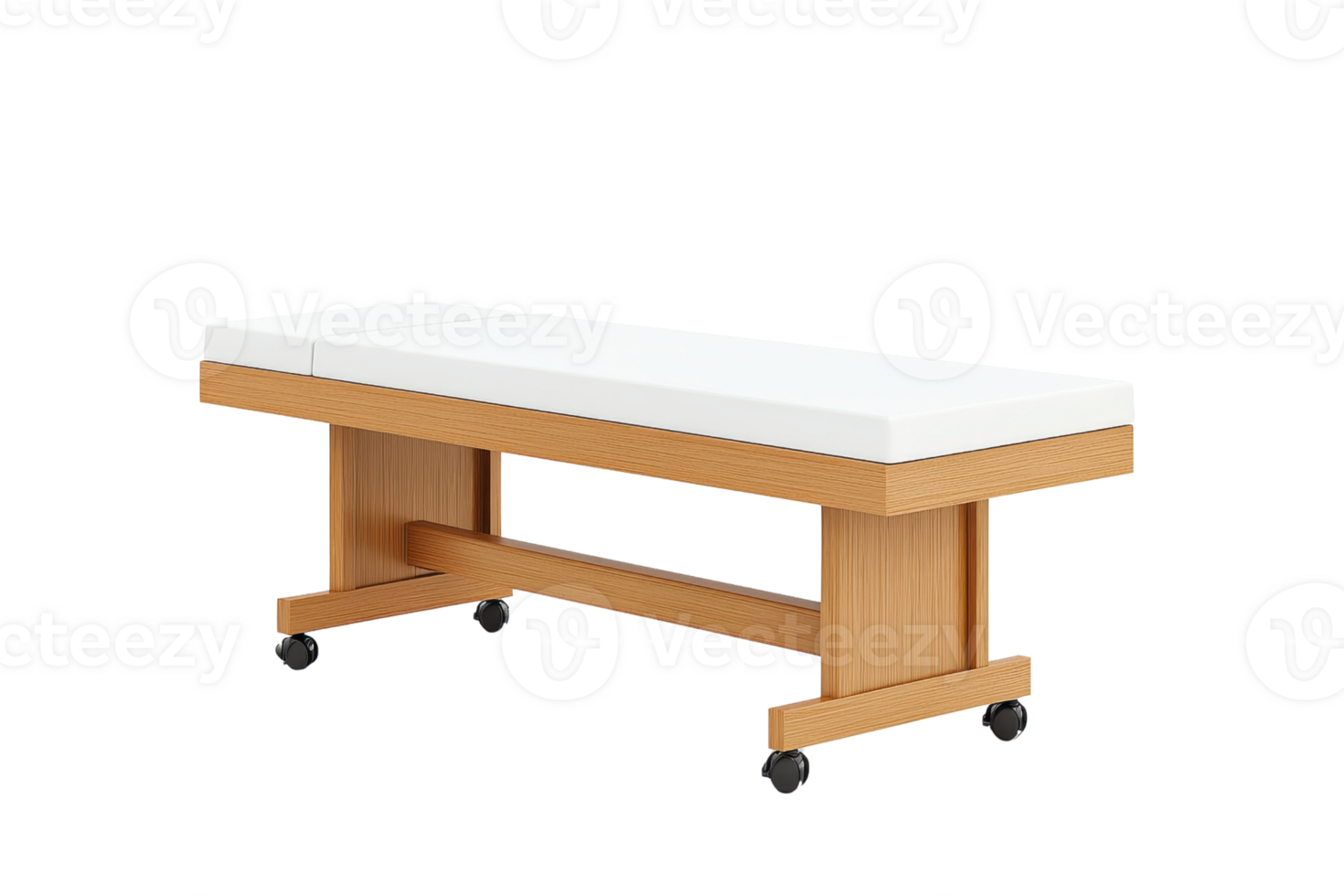 A wooden bench with a padded white surface, featuring wheels for mobility. png
