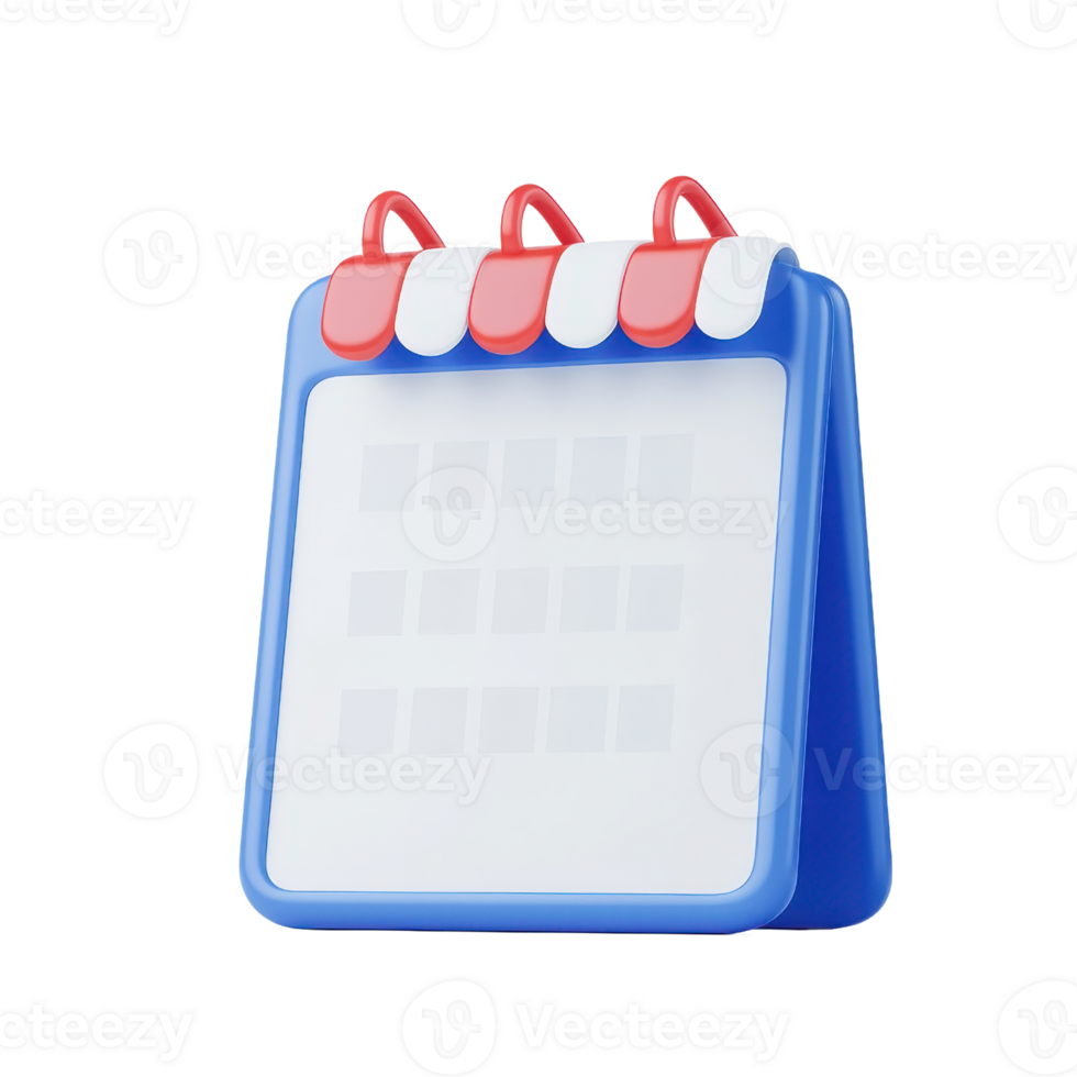A colorful desk calendar with a blue base and red tabs, featuring a grid layout for organizing dates and events. png