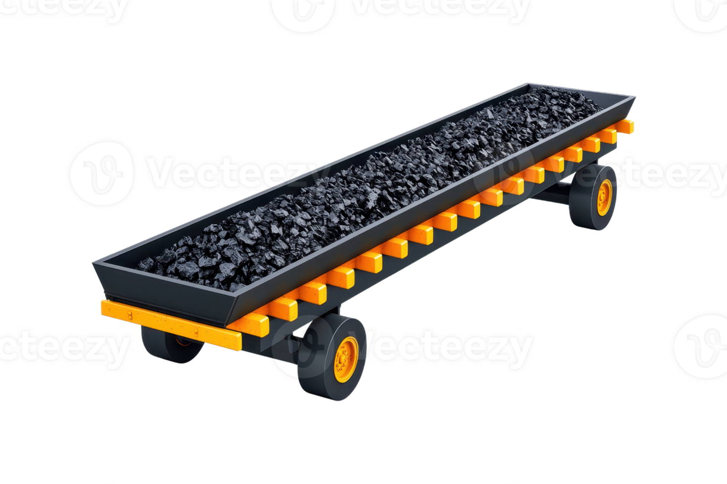 A coal cart with a flatbed design, loaded with black coal, featuring yellow wheels and accents for mobility. png
