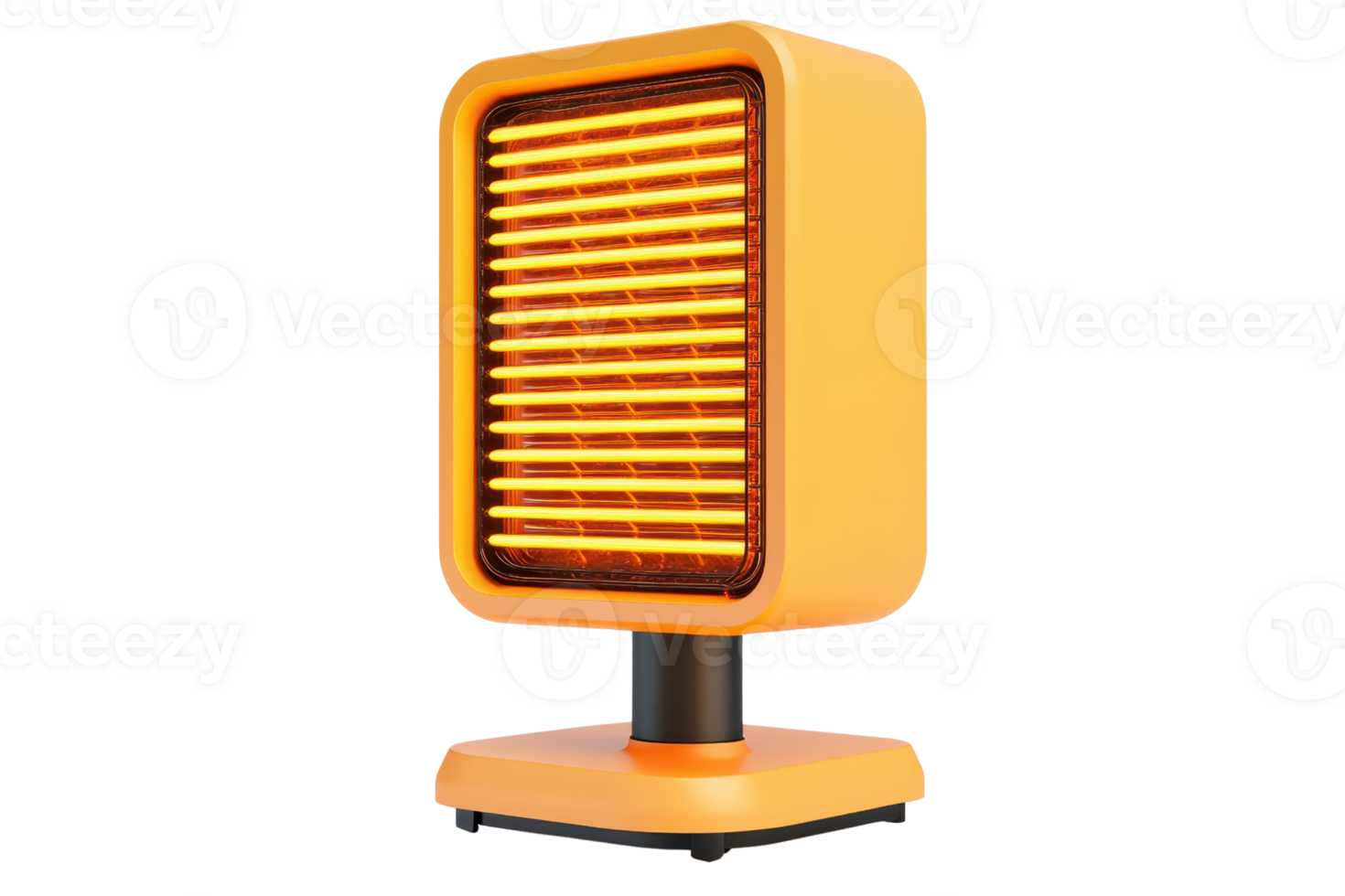 A compact, vibrant orange heater with horizontal heating elements, designed for efficient warmth in small spaces. png