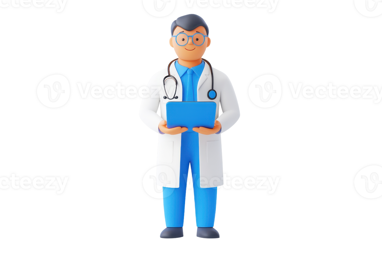 A cartoon figure of a doctor wearing a white coat and holding a clipboard, with glasses and a stethoscope around his neck. png