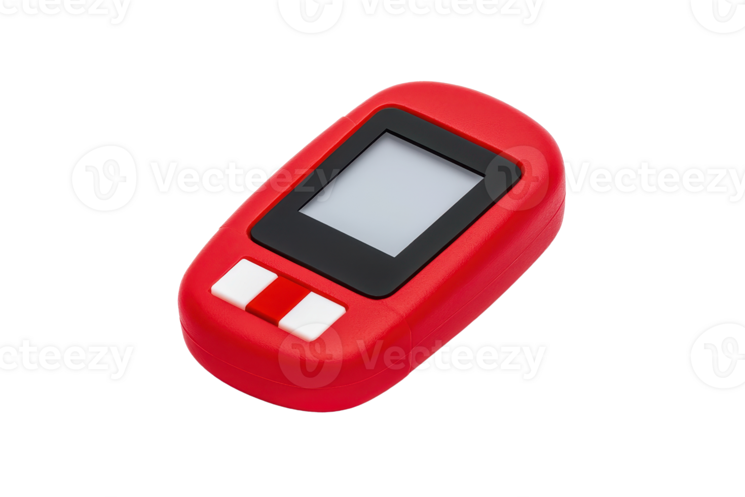 A compact, red electronic device featuring a display and two buttons, designed for measuring specific data. png
