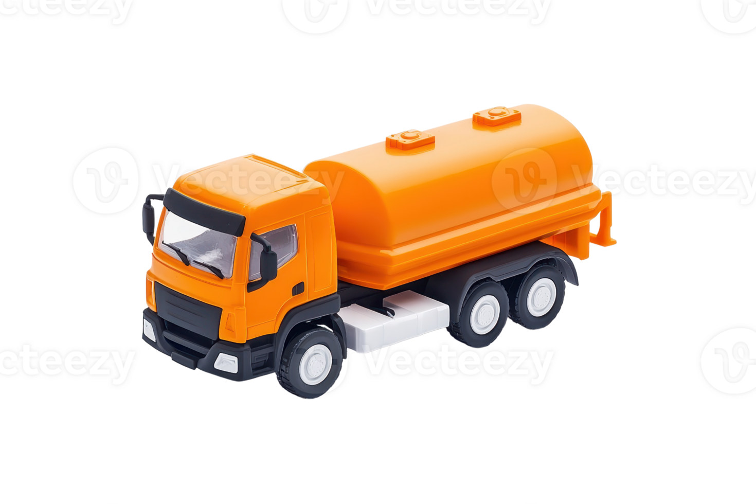 A bright orange toy truck designed for transporting liquids, featuring a rounded tank and wheels for mobility. png