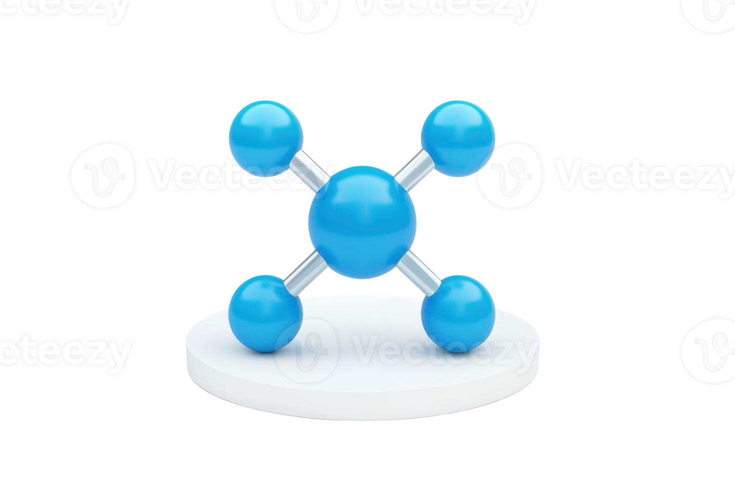 A blue molecular model with connecting rods representing atoms, arranged symmetrically on a circular base. png