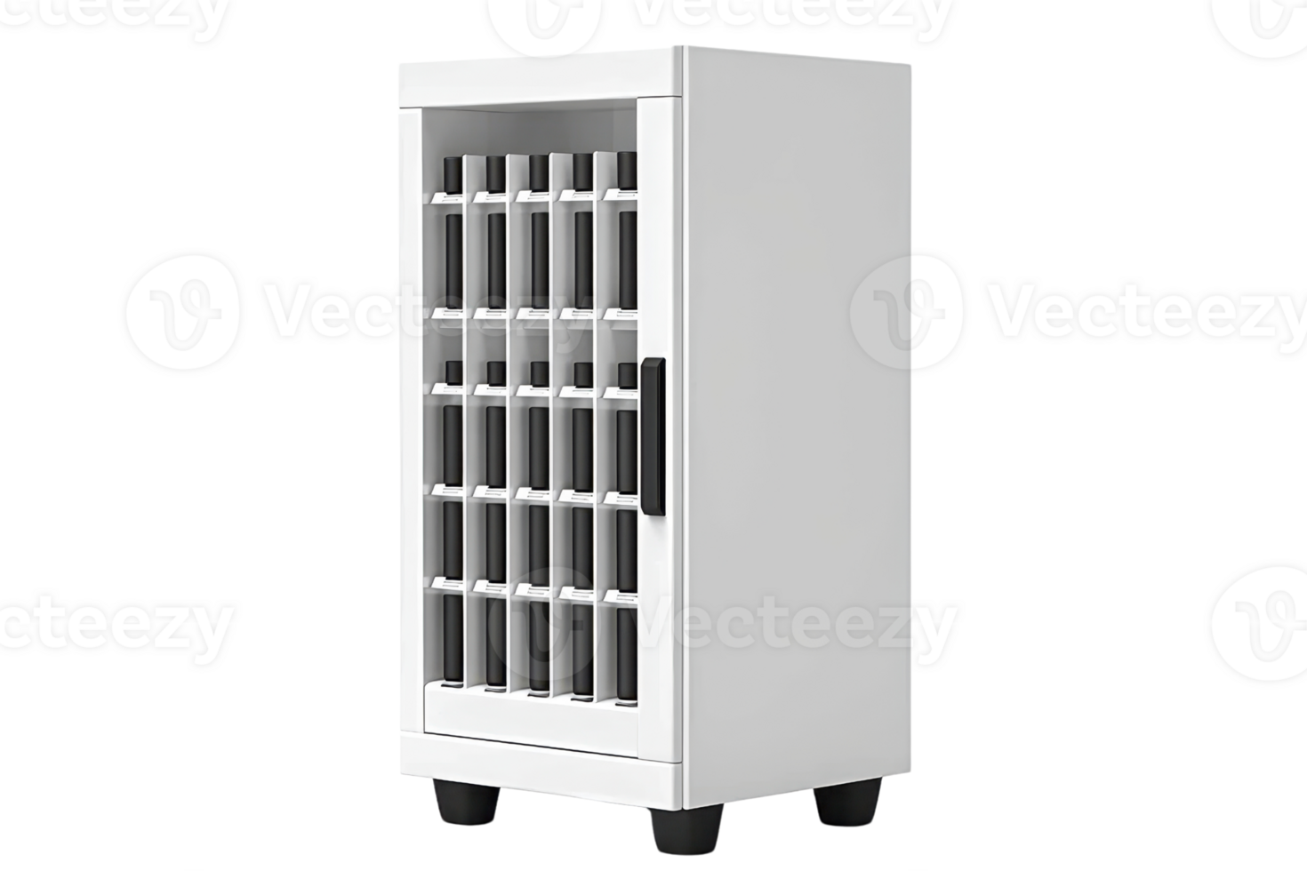 A compact white cabinet featuring multiple compartments and a handle, designed for storage and organization. png