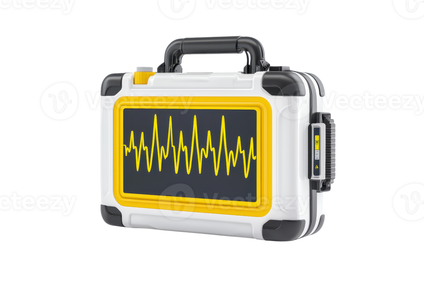 A durable medical case featuring a digital display with a waveform graphic, designed for health monitoring equipment. png