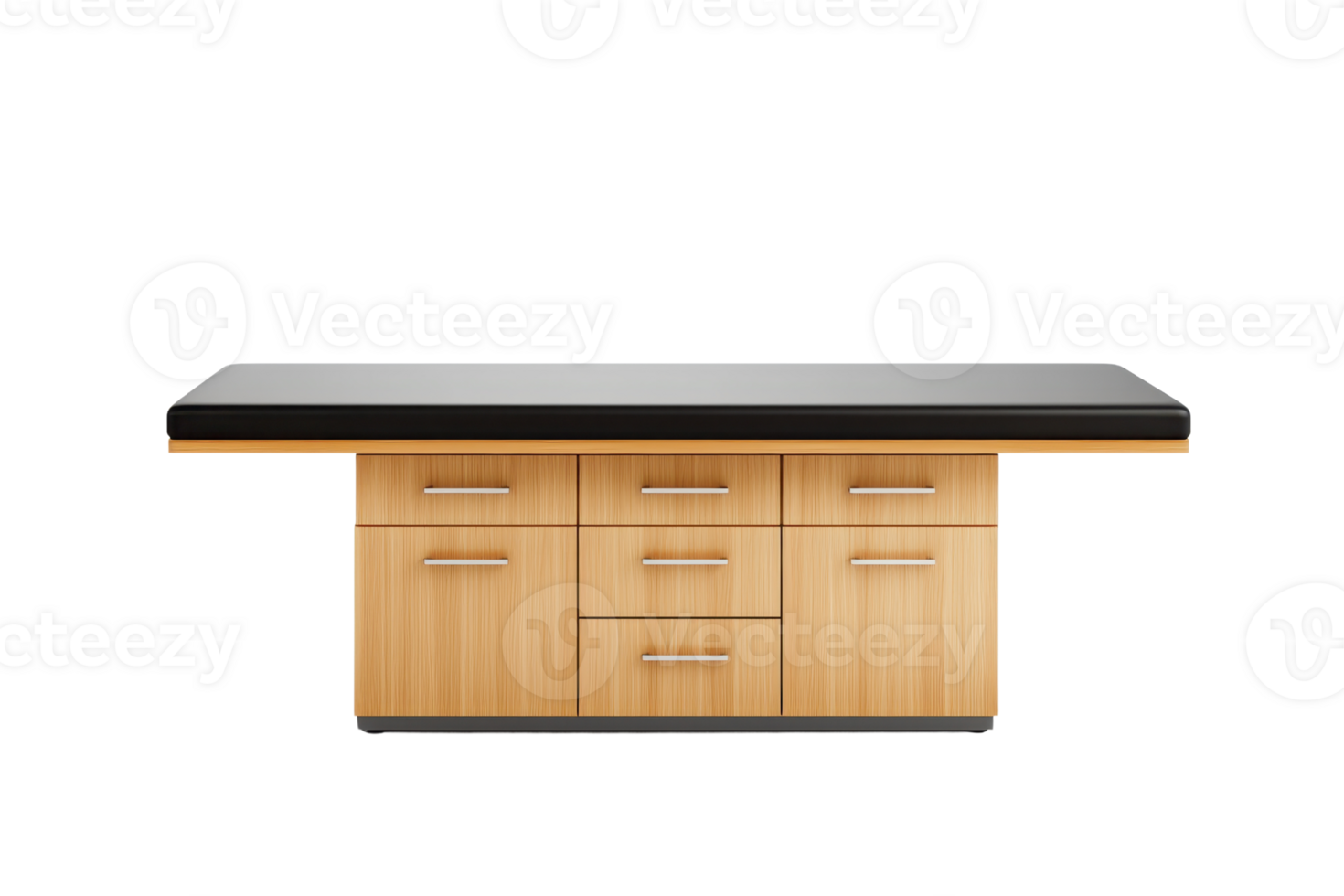 A modern wooden table with a sleek black top and multiple storage drawers. png