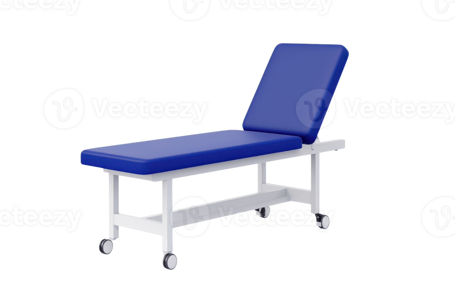 A blue examination table with an adjustable backrest and a sturdy white frame on wheels. png