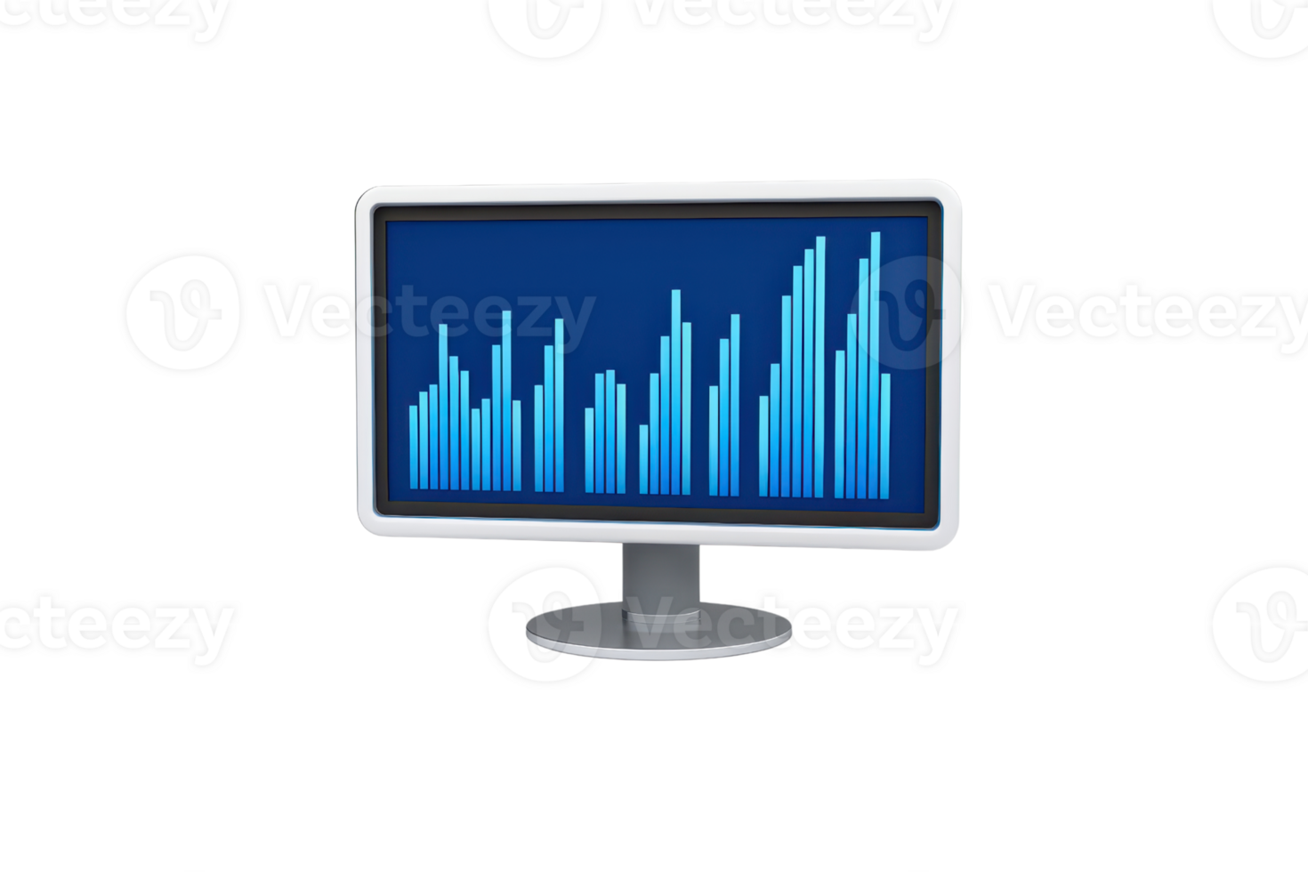 A sleek computer monitor displaying a vibrant blue bar graph, highlighting data trends and performance metrics. png