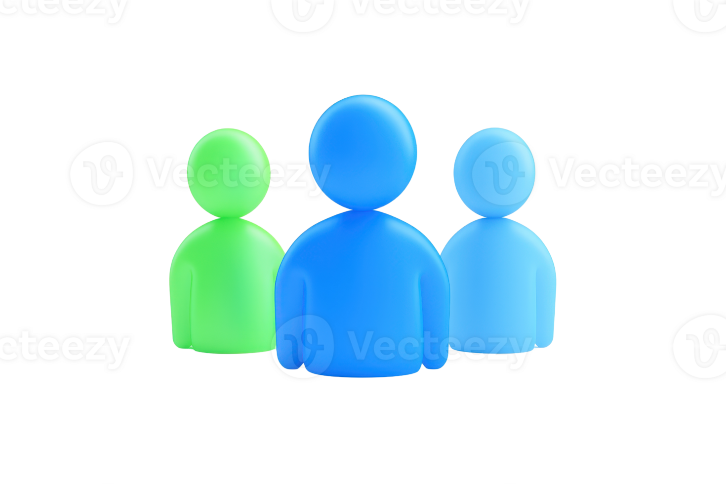 Three colorful figurines in blue and green, representing people, with a simplistic, modern design. png
