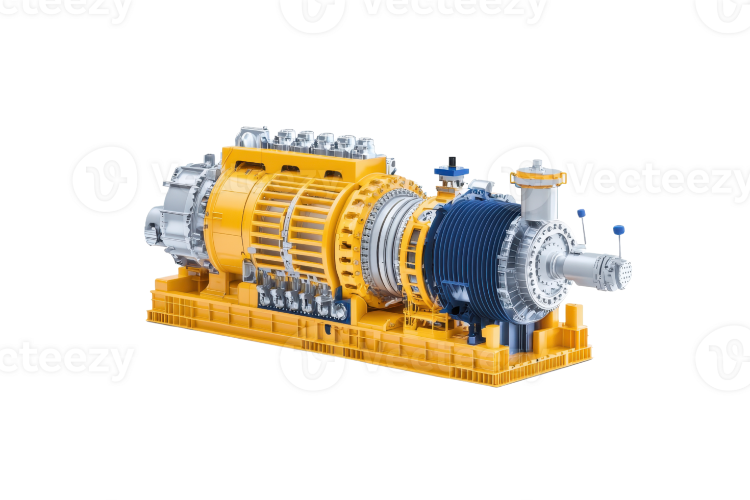 A detailed model of an industrial gas turbine engine featuring a yellow body and complex mechanical components. png
